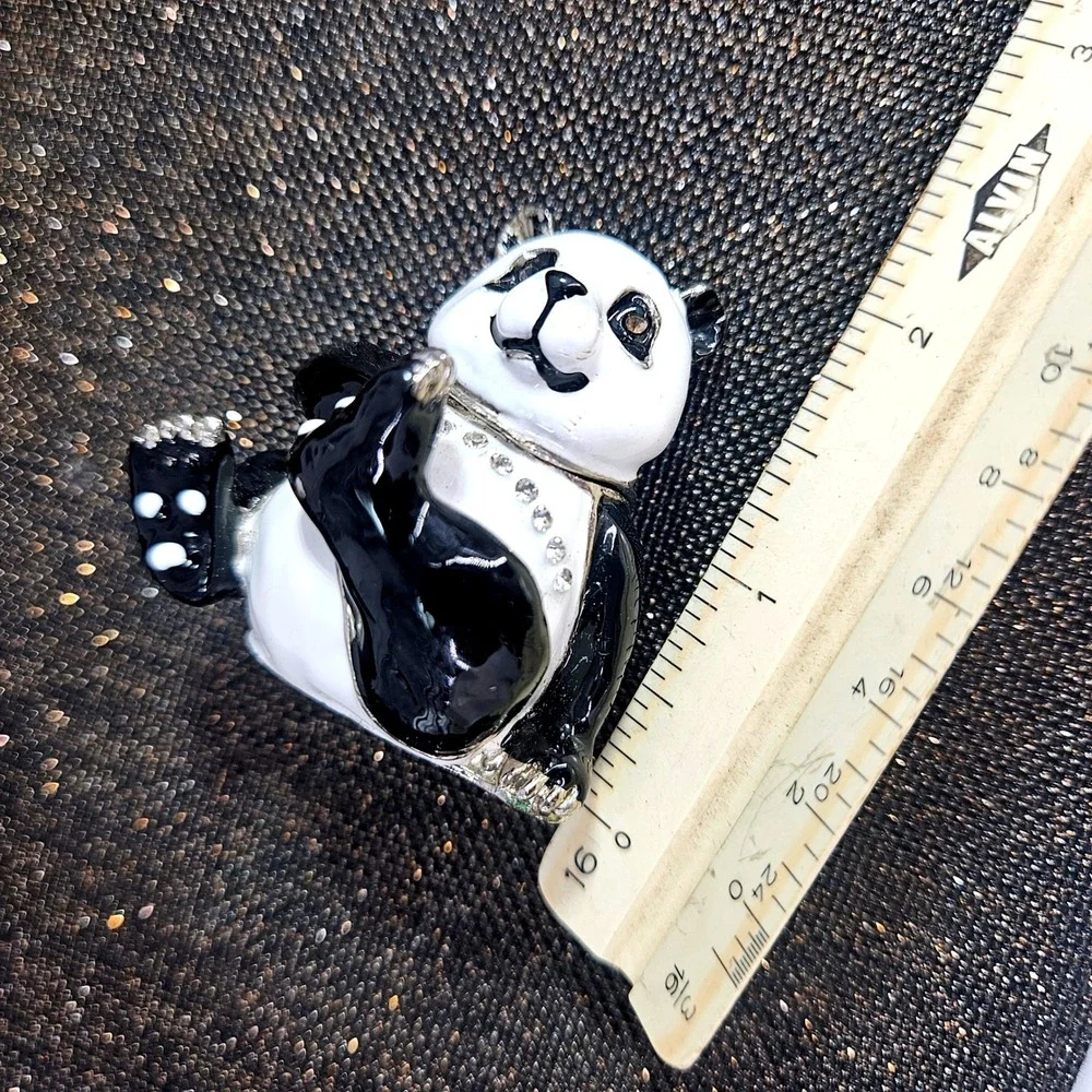 Panda Bear Hinged Trinket Box Enamel Rhinestone‎ Crystal Bejeweled Black White